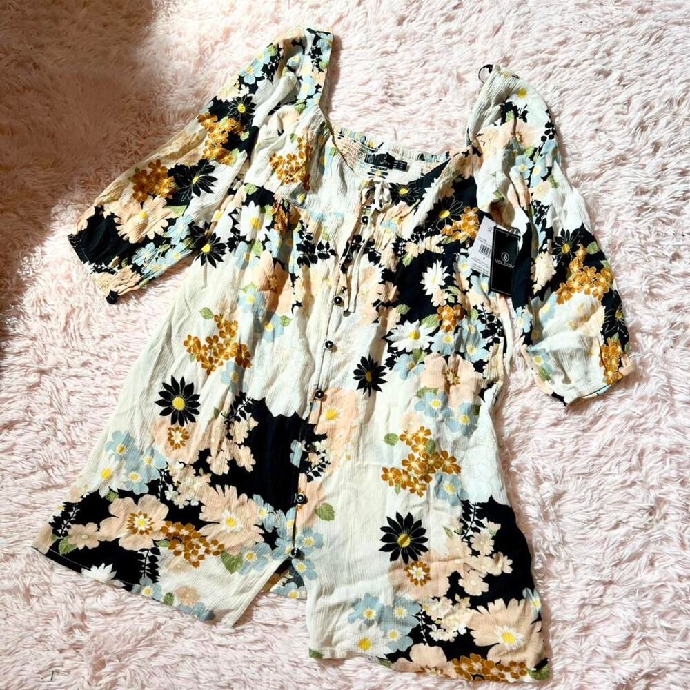 VOLCOM WOMENS J'TAIME THIS DRESS Cottage Core Floral Smocked Hippie Feminine